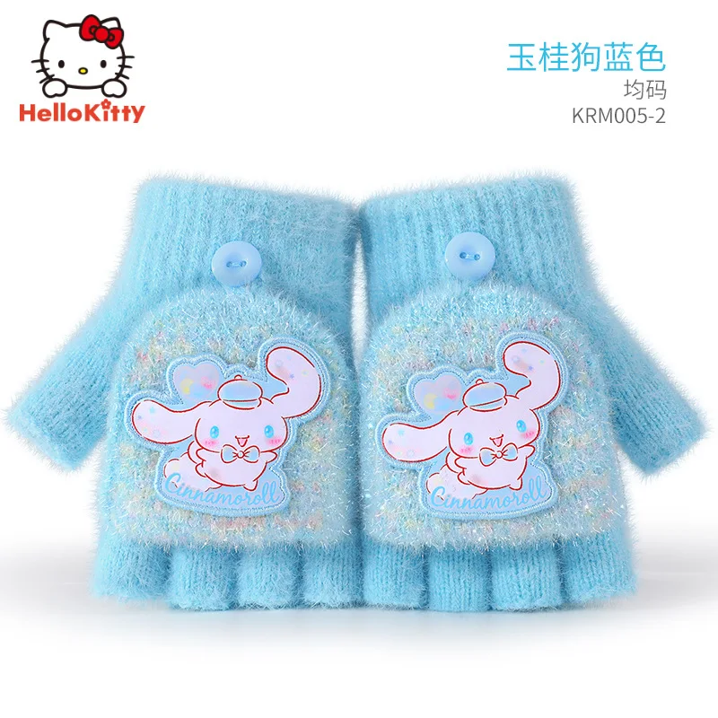 

Cute Sanrio Cinnamoroll Children's Gloves Kuromi Pochacco Winter Girls' Kuromi Warm Half Finger Plush Flip Christmas Gift
