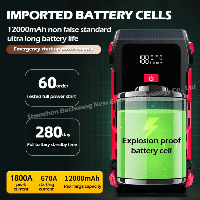12000mAh Power Bank 1800A 12V Car Battery Jump Starter Portable Charger Car Booster Auto Starting Device Emergency Starter 3