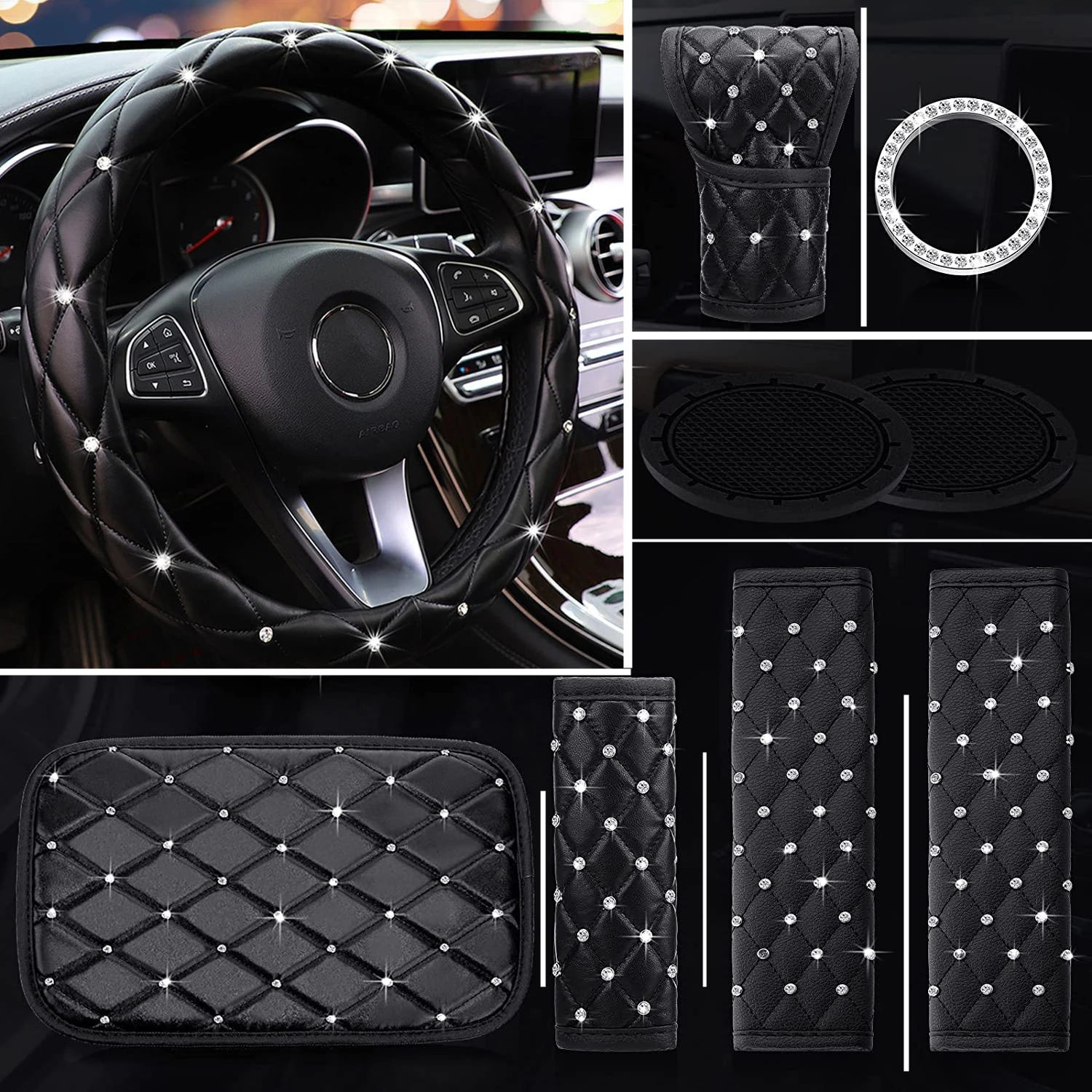 9 Pcs Bling Car Accessories Set for Women Diamond Steering Wheel Cover, Rhinestone  Center Console Pad Seat Safety Belt Pad - AliExpress