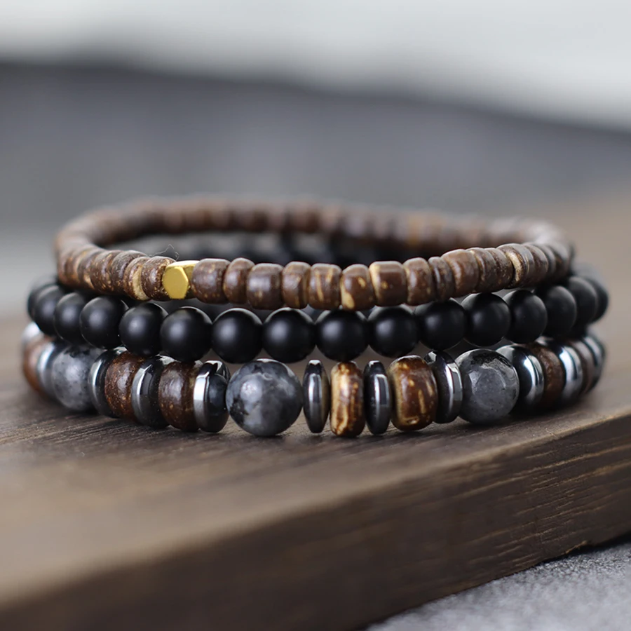 Natural Coconut Husk Beads Men Bracelet Set with Lava Tiger Eyes Hematite Stone