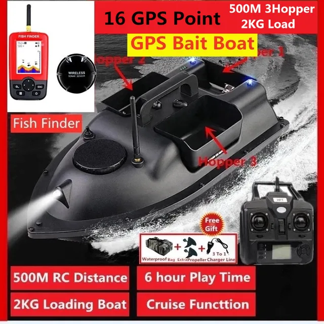 16 GPS Point Bait Boat 500M RC Fishing Nest Boat Auto Cruise Control 2KG Loading 3 Hoppers GPS RC Nesting Boat With Fish Finder 1