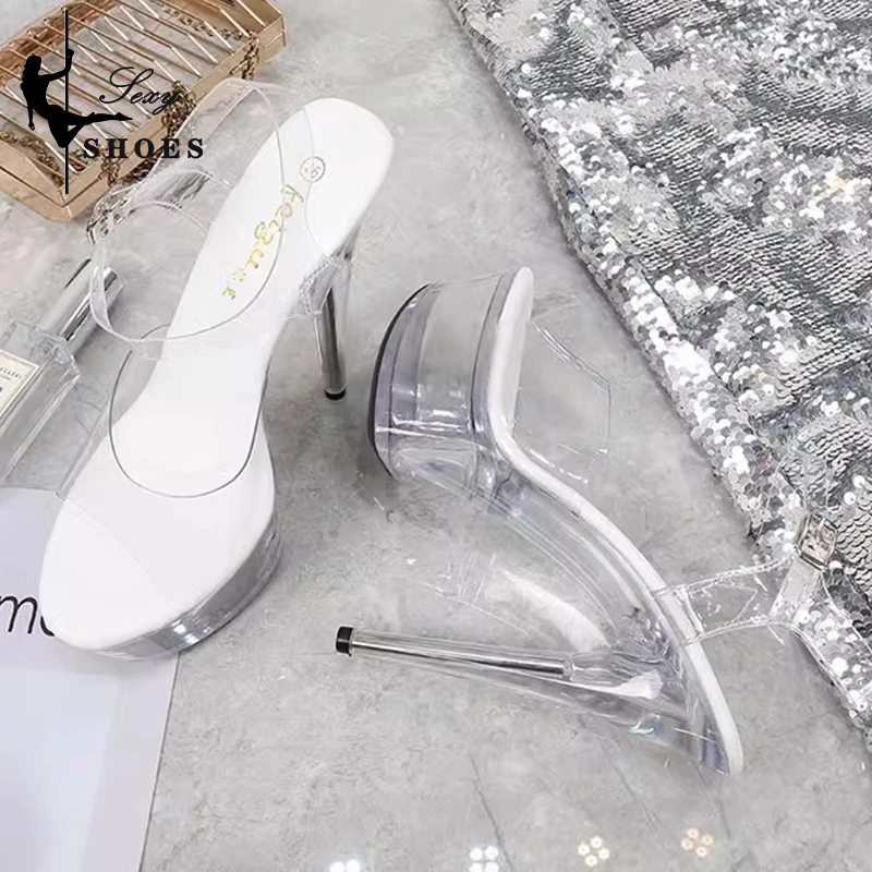 2023 Sexy Super High Heels 15CM Stiletto Girls Shoe for Party Club Stripper Platform Sandals Transparent Crystal Pole Dance 6