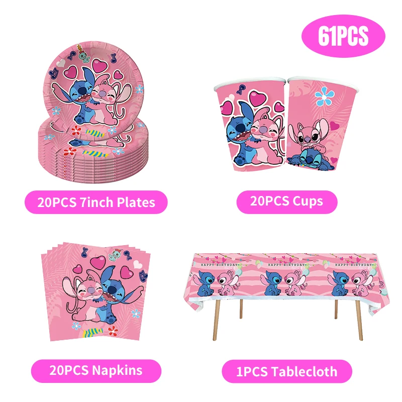 thumbnail image 1 of Decoración de cumpleaños de Disney Lilo y Stitch, juego de vajilla con puntada rosa, globos, mantel, vaso de papel, plato, telón de fondo, suministros para fiesta, 1 of 5