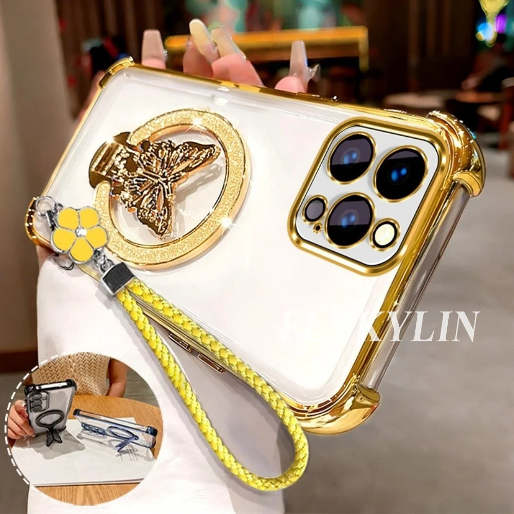 Transparent Soft Shell with Butterfly Bracket and Four Leaf Clover Hand Rope