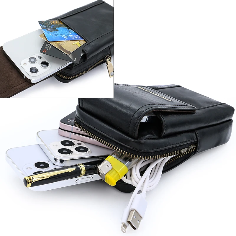 Outdoor Adventure Black PU Leather Phone Case - Vertical Large Capacity Zipper Pouch