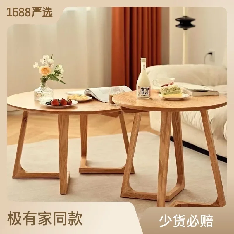 

Nordic solid wood small round table, modern and simple balcony coffee table, Instagram family wooden style circular edge tea tab