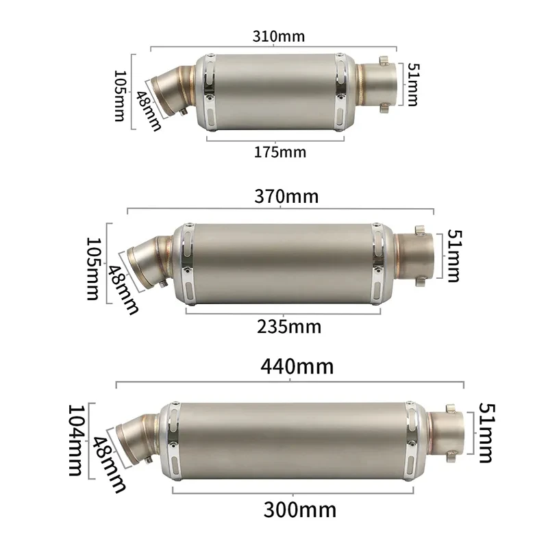 Motorcycle Exhaust Muffler Pipe 51mm Universal 310 370 440 mm 100cc-1000cc ATV GP Scooter For fz6 pcx125