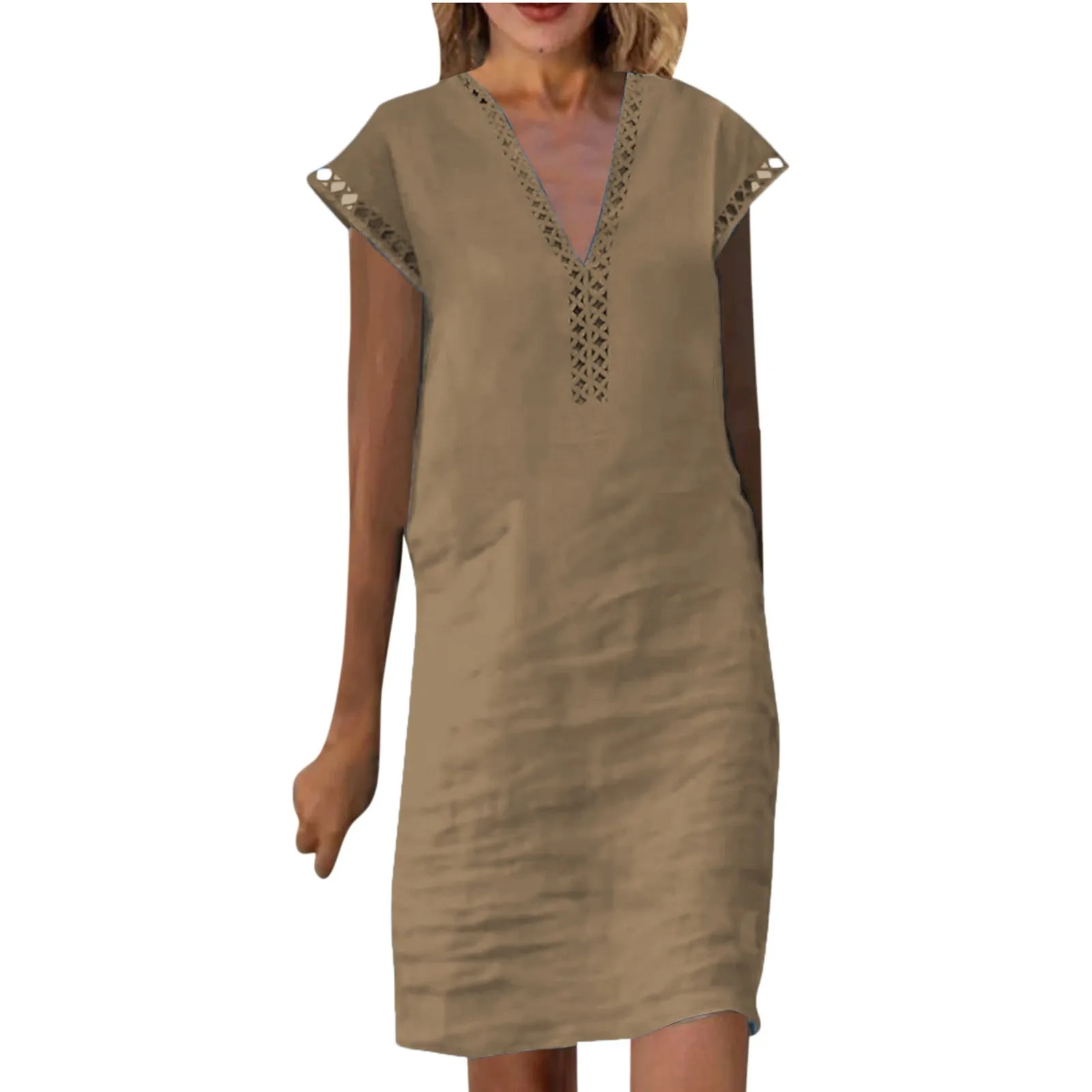 

Платье женское хлопково-льняное повседневное, винтажный пляжный сарафан с коротким рукавом, свободный крой, ажурное с V-образным вырезом, на лето