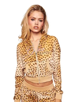 GIA x VON DUTCH Leopard Print Embroidered Rhinestone Zip-Up Hooded Jacket & Pants Set 1