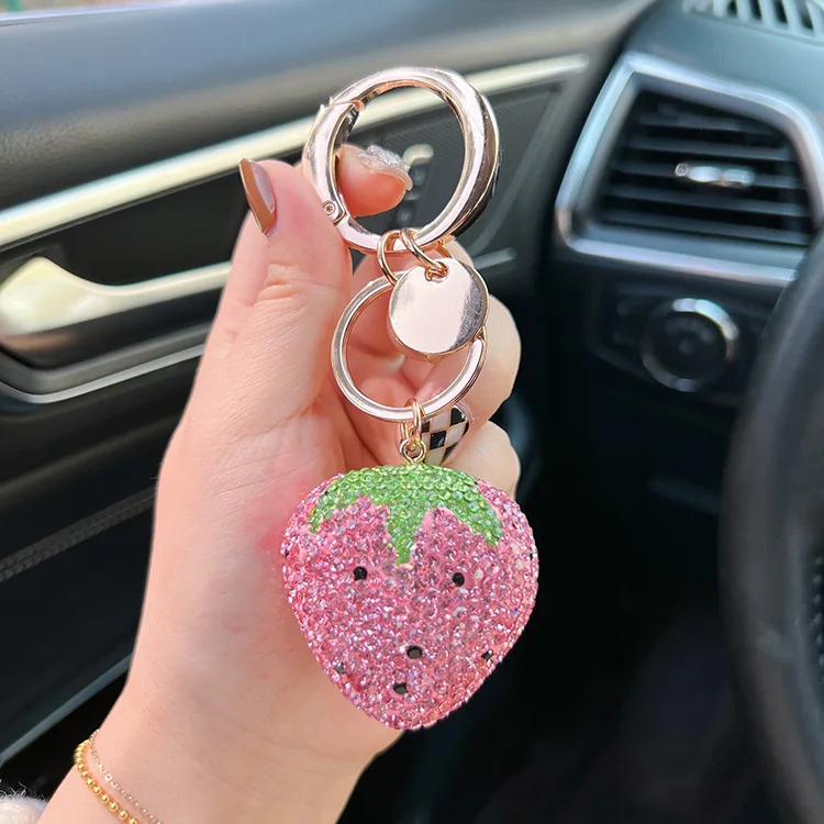 Clay Rhinestone Strawberry Red Heart Keychain Keyring for Women