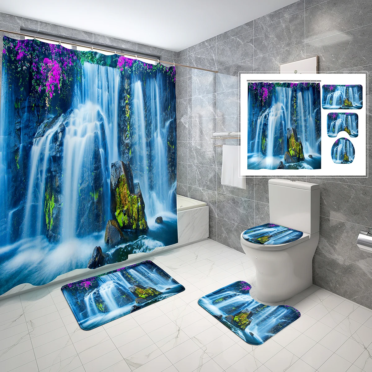 

4pcs Waterproof Shower Curtain with Anti-slip Rug Toilet Cover Mat Natural Landscape Waterfall Bathroom Set Bath Home Decoration