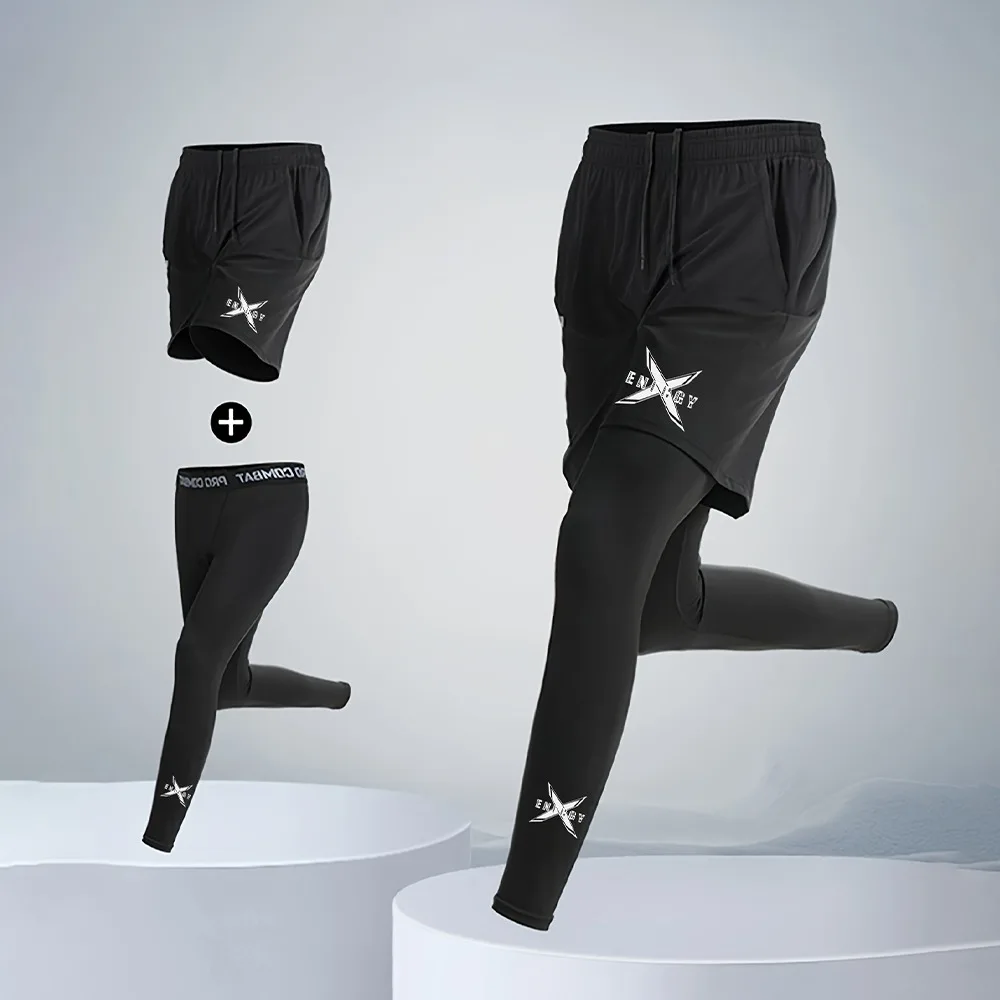 Compression Running Pants Men's 2 in 1 Quick Dry Athletic Workout Sweatpants Shorts Gym Leggings