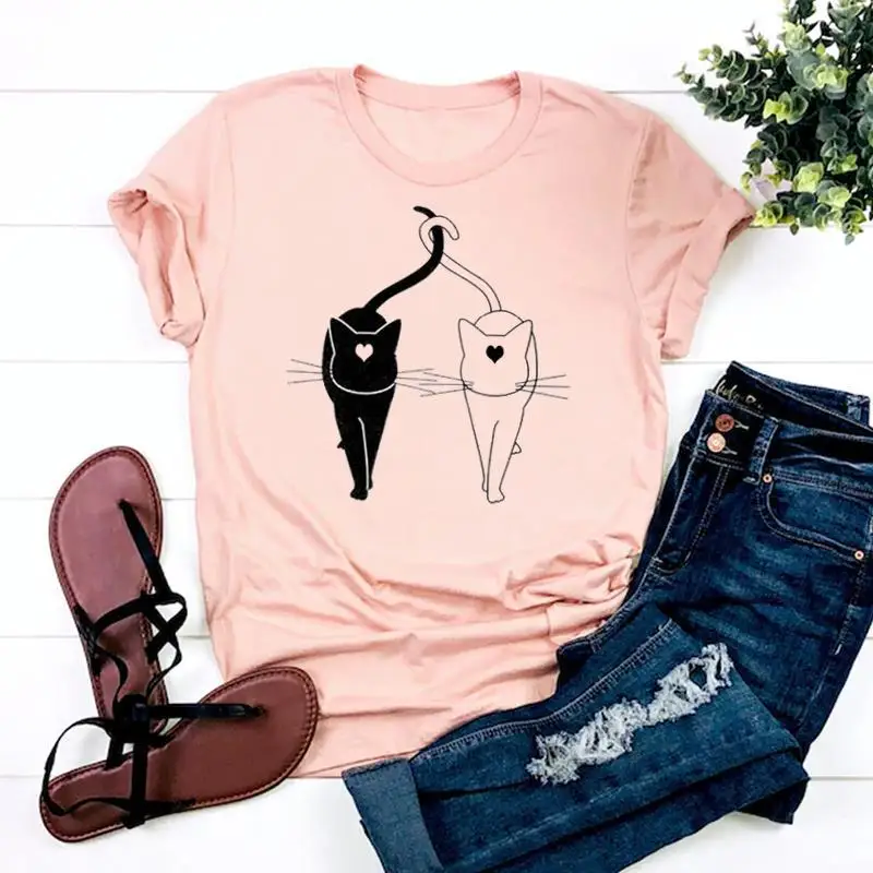 

Cat Cute Printed European Clothing Short-sleeved T-shirt Aesthetic Clothes Tops Harajuku Women Clothing Graphic T Shirts