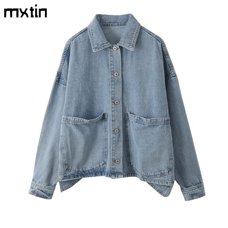 

Women's Jacket Autumn Vintage Oversize Blue Denim Coat Fashion Spring Pockets Office Ladies Casual Overcoat Female Clothing Tops