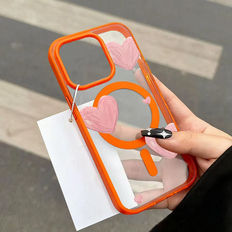 Hand-Painted Pink Heart Magnetic Phone Case with Bumper Cover