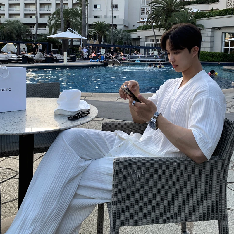 Summer Men's Loose Ice Silk Suits Fashion Casual V-neck Short Sleeve T-shirt And Pants Drape Two-piece Sets Men Clothes 3