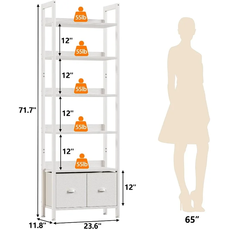 https://ae01.alicdn.com/kf/Sde168607395c4c2dbee235be17dc0a002/Furologee-White-6-Tier-Bookshelf-with-Drawers-Tall-71-Bookcase-with-Shelves-Modern-Wood-and-Metal.jpg