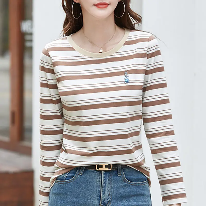 

Women New Autumn and Winter Retro Round Neck Shoulder Button Striped Pullover Long-sleeved T-shirt