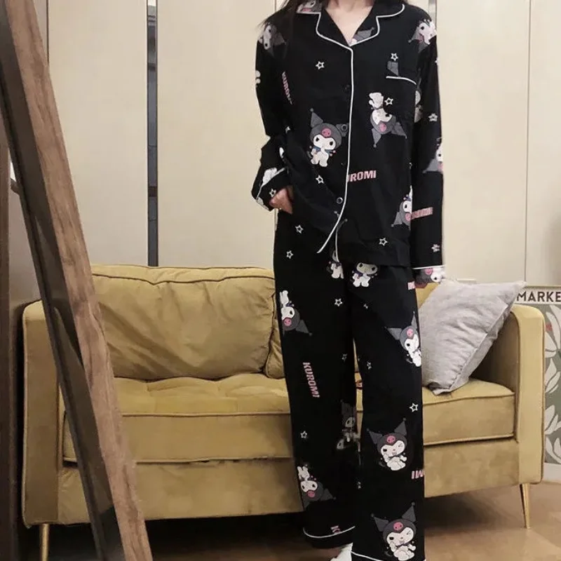 Women Pajamas Set Women Pajama Suit Cotton Pajamas Set Sanrio Cartoon Anime Kuromi Nightwear Women's Autumn Cute Long Sleeve Collar Cardigan Comfortable Home Clothes Set