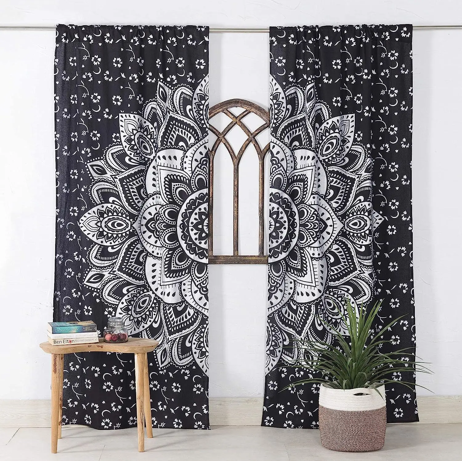 

Black Silver Mandala Flower Bohemia Curtains for Living Room Bedroom Home Furnishing Visor Curtain Grommet Top 2 Panels Boho