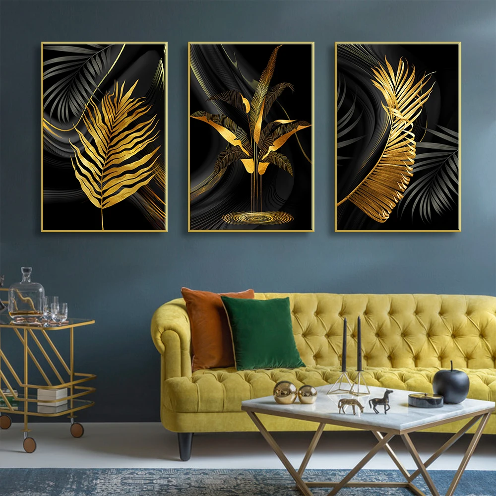 

Modern Plants Wall Art Canvas Painting Abstract Golden Tropical Plantain Leaves Poster and Prints Pictures for Living Room Home