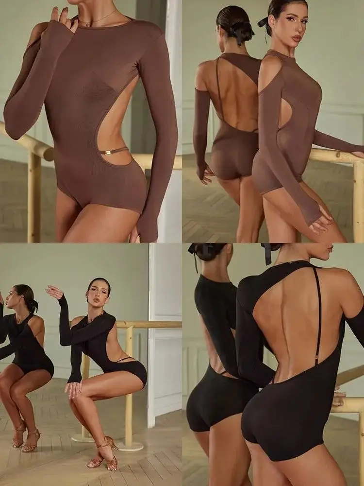 Dance Dress Dance Bodysuit ZYM Latin Dance Black Bodysuit Beautiful Back Leotard Long Sleeves Hollow Sexy Practice Training Top Wear #23118