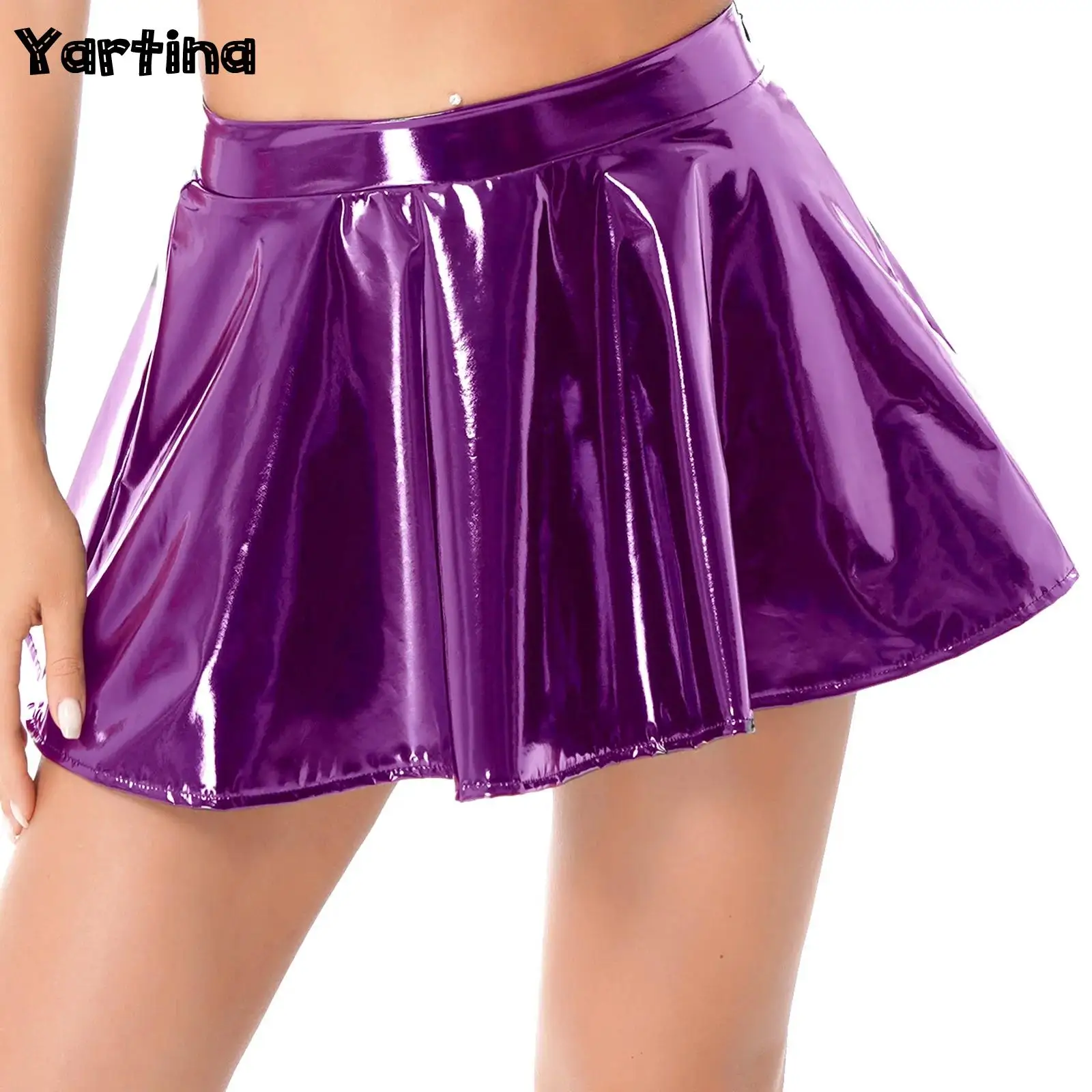 

Womens Glossy Patent Leather Flared Mini Skirt Club Dance Performance Invisible Zipper A-Line Mini Skirts Rave Bar Party Costume