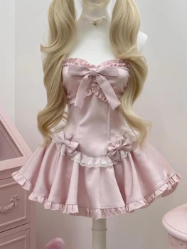 Japanese Sweet Lolita Women Dresses Kawaii Design Bow Lace Strapless Y2k Pink  Evening Dress Female Chic Korean Popular Clothes 1