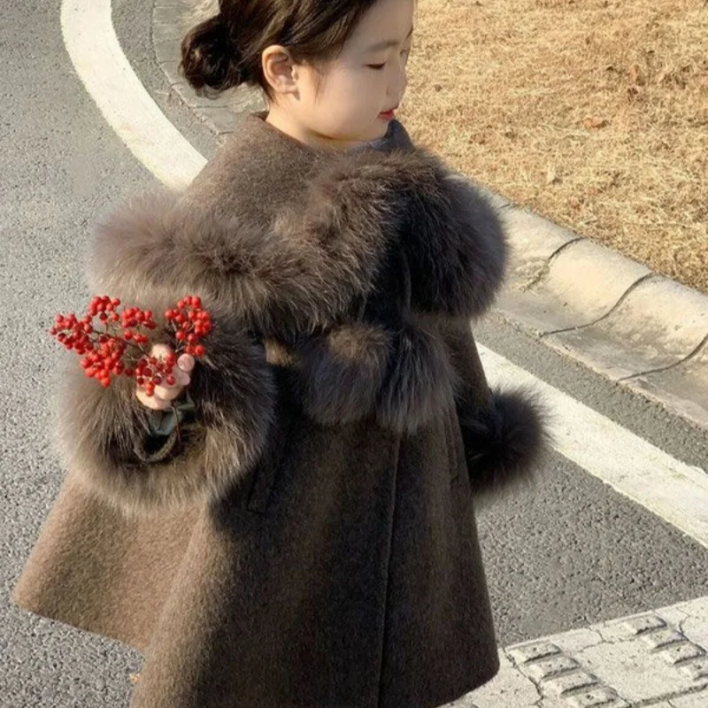 Kids jacket girls woolen coat overcoat jacket windbreak brown warm plus thicken autumn winter cotton teenagers children's clothing