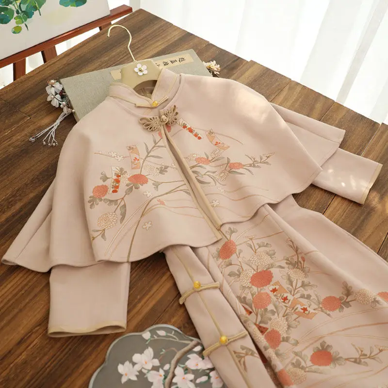 

Autumn Elegant Slim Two-piece Chinese Traditional Dress Women Hanfu Long Sleeve Qipao+Shawl Set Female Vestido Chino Cheongsams