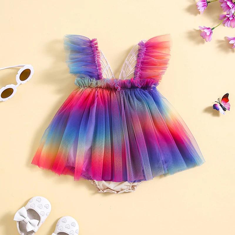 

Infant Girl Rompers Dress Fly Sleeve Gradient Layered Tulle Tutu Skirt Hem Bowknot Jumpsuits Newborn Clothes Baby Bodysuits