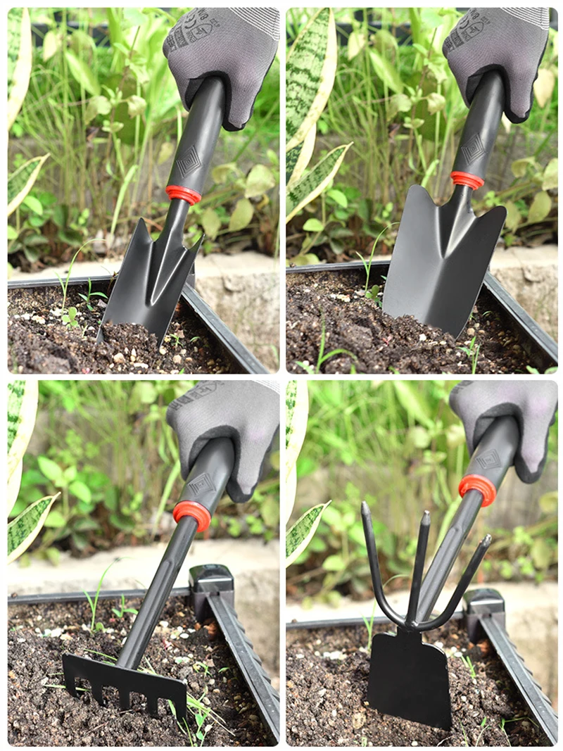Black Rubber Handle Gardening Garden Small Shovel Four-piece Set 5 Tooth Harrow Hoe Dual-purpose Shovel Garden Tools 2