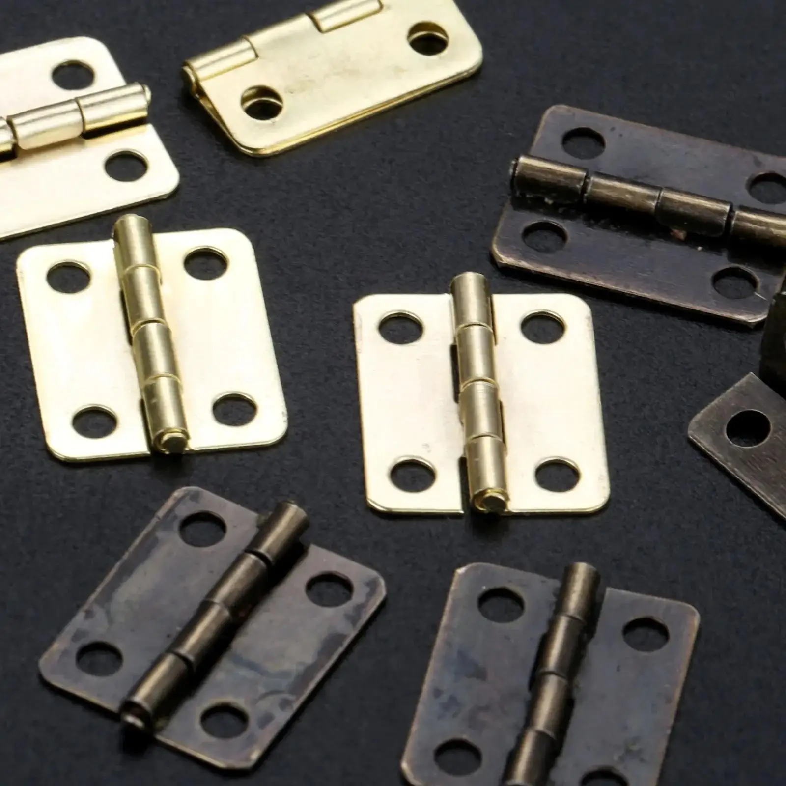 50pcs/box Hinges 200 Screws Iron Golden/Antique Bronze 4 Holes Durable Furniture Hardware 16*13mm Mini Rounded Hinge Decor