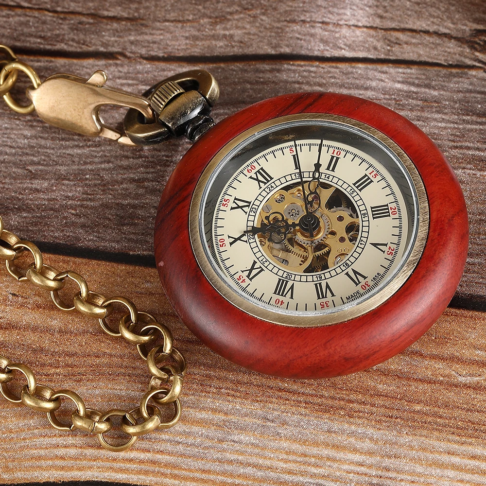 Vintage Solid Wood Mechanical Pocket Watch Gold Chains FOB Hand Winding Steampunk Skeleton Clock Pendant Romans Men Women Gifts
