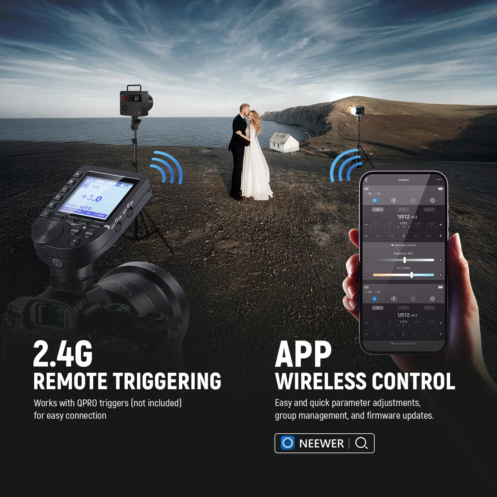 NEEWER Q6 600Ws 2.4G TTL HSS 야외 스튜디오 플래시 (앱 컨트롤, TTL/수동/스트로브 플래시 모드, 5800K, 최대 1/20400초)