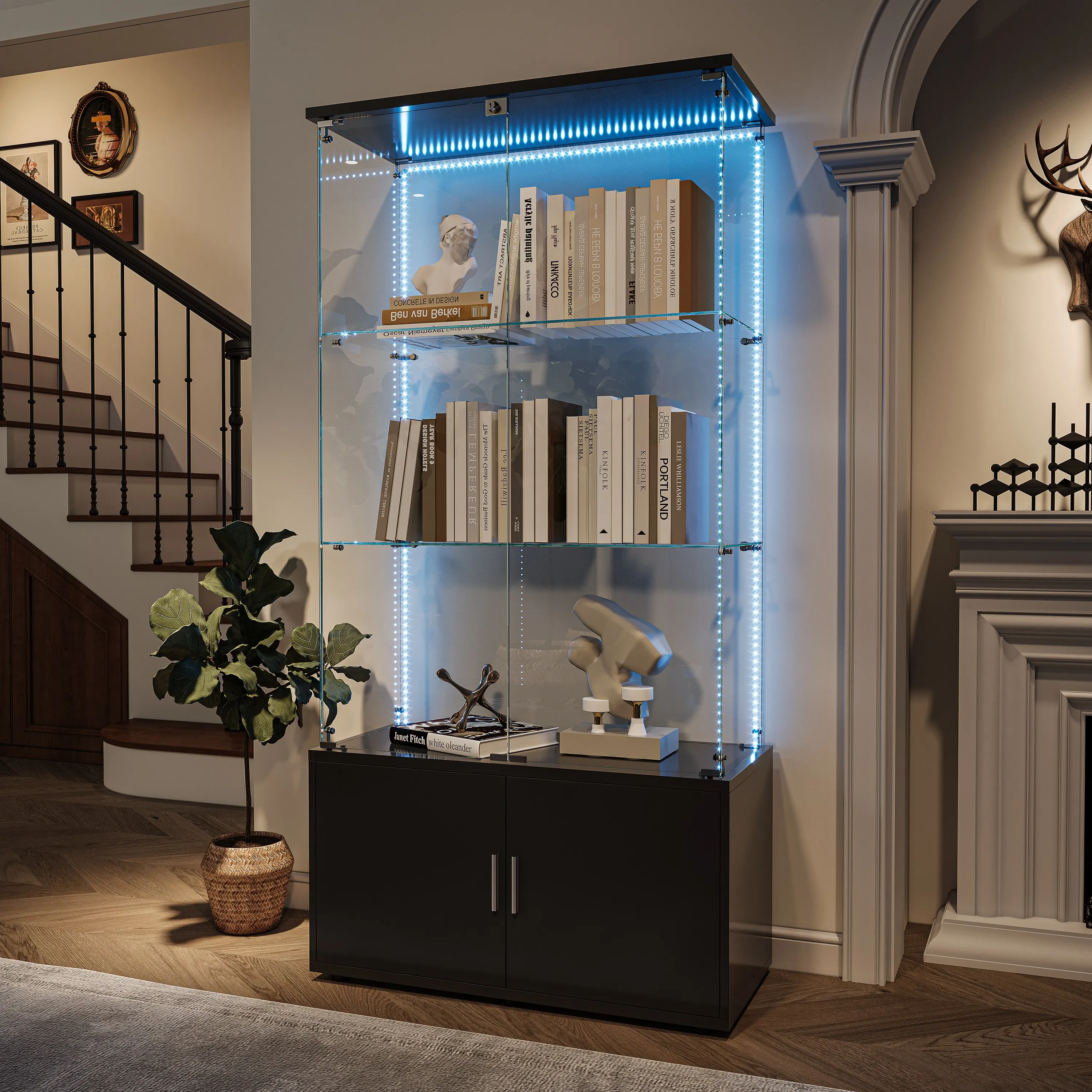 Rosahqnda Glasvitrine mit LED-Beleuchtung, 4 Ebenen & 2 abschließbare Türen, moderner Holzschrank für Sammlervitrinen – Detail 28
