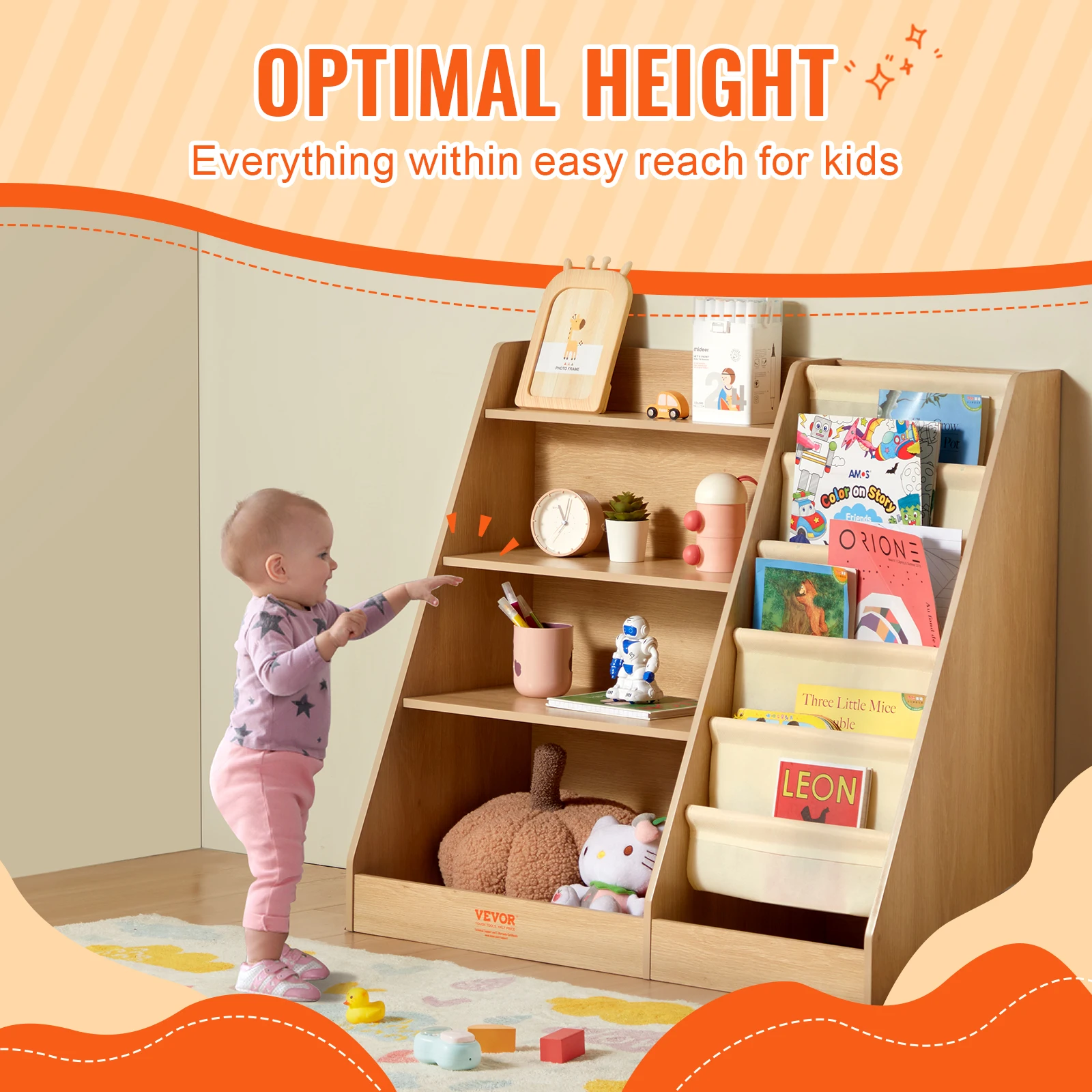 VEVOR 4-Tier Kids Wooden Bookshelf Six-Layer Sling Bookcase Baby Storage Book Rack for Kids Room Playroom Kindergarten Nursery 3