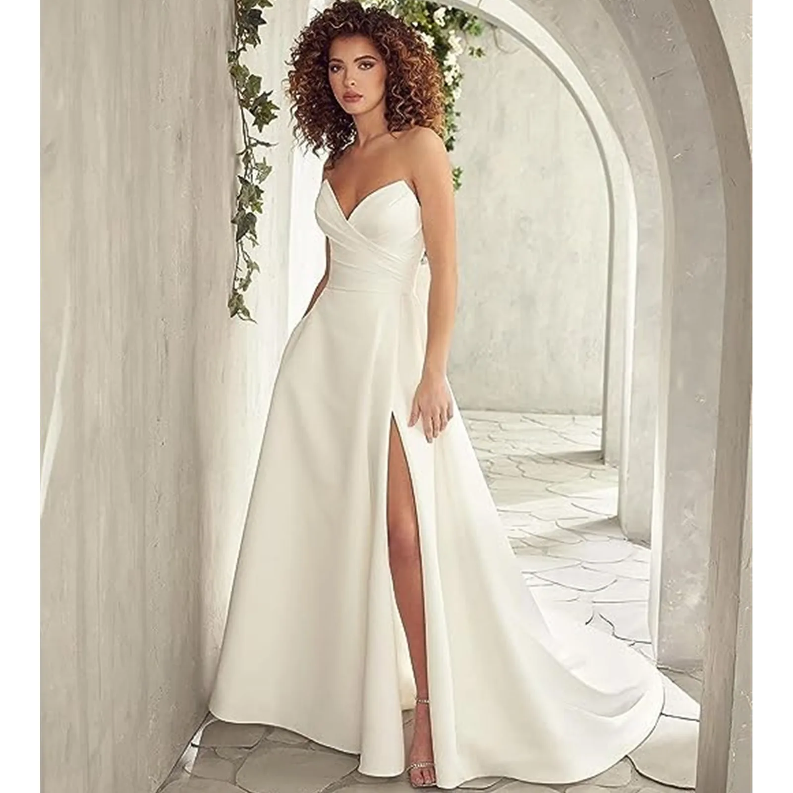 

Elegant Modern Simple Sexy Plus Size A Line Wedding Dresses Sweetheart High Side Split Satin Pleats Draped Backless Sweep Train