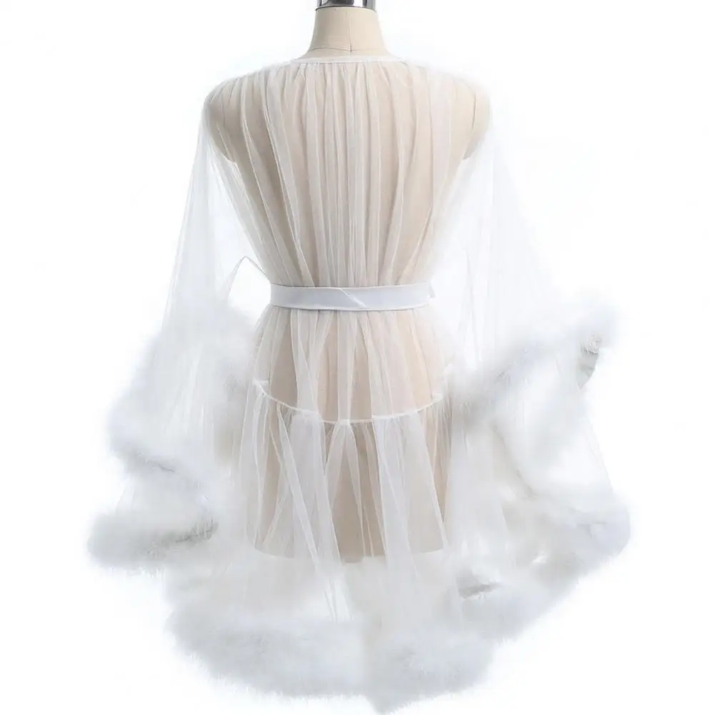 Mesh Detail Sleep Dress Elegant Mesh Ruffle Nightgown with Adjustable Waist Tie Sexy Plush Trim Sleepwear for Women Pleated
