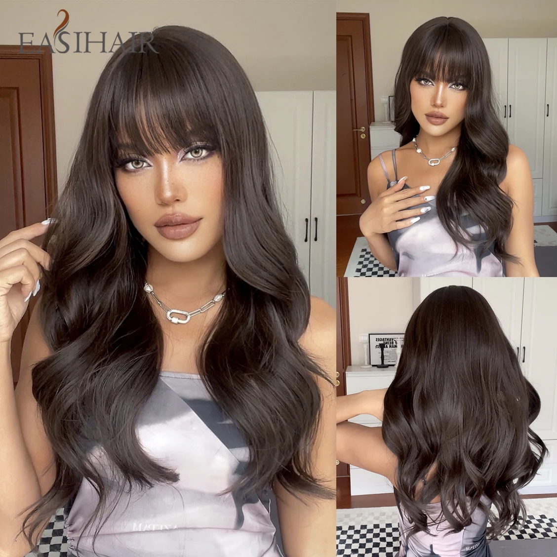 

EASIHAIR Long Dark Brown Synthetic Wig Women's Wig with Bangs Water Wave Heat Resistant Wig for Women Daily Cosplay Natural Hair