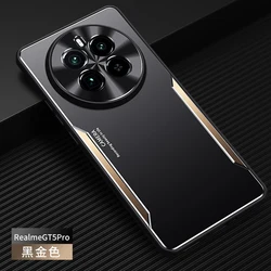 Luxury Metal Bracket Shockproof Protective Case with Soft TPU Bumper for Realme GT5 Pro (Black and Gold)