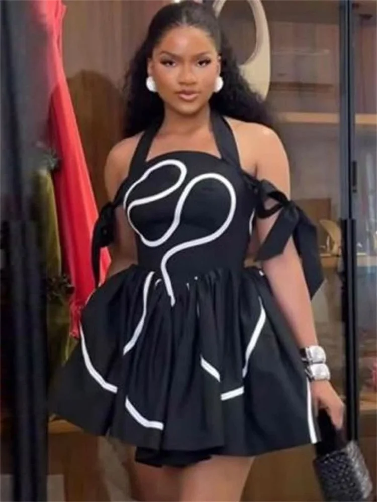 Wmstar Dresses for Women 2025 Halter Print Off Shoulder High Waist Pleat Sweet Mini Dress summer Wholesale Dropshipping New