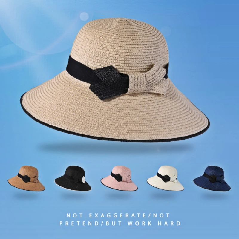 

Summer Female Fisherman Hat Sun Shading Straw Hat Handcrafted Knotted Contrasting Color Bow Large Brimmed Beach Hat Basin Hats