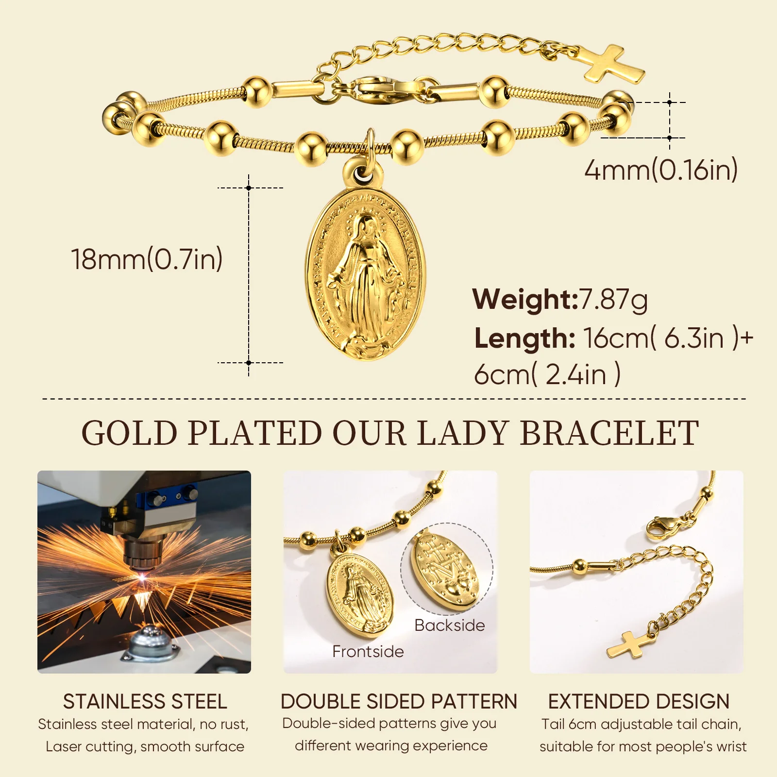 Detailed Dimensions and Specifications of the Women's Gold Pearl Bracelet