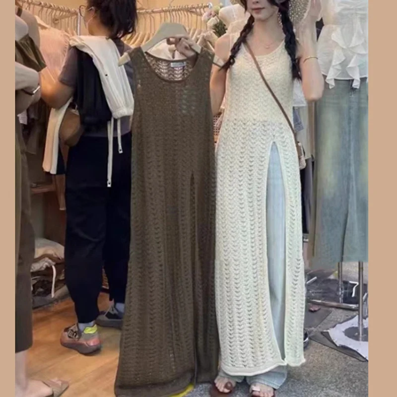 Vestido de punto de verano para mujer, color liso, con escote redondo, sin mangas, con abertura en el dobladillo, vestido de ganchillo, vestidos de fiesta de los años 2000