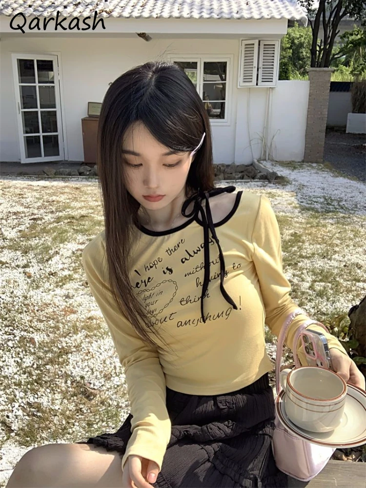 

T-shirts Women Summer Daily Simple Youthful Cute Long Sleeve O-neck Shinny Chic All-match Students Korean Style Tender Creative