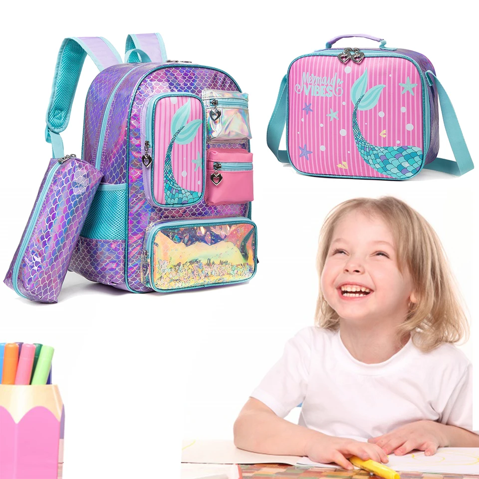 Meetbelify Mermaid Backpack Set For Girls Ages 8-10 – Includes Lunch Box & Pencil Case, 16.5" School Bag - View #2