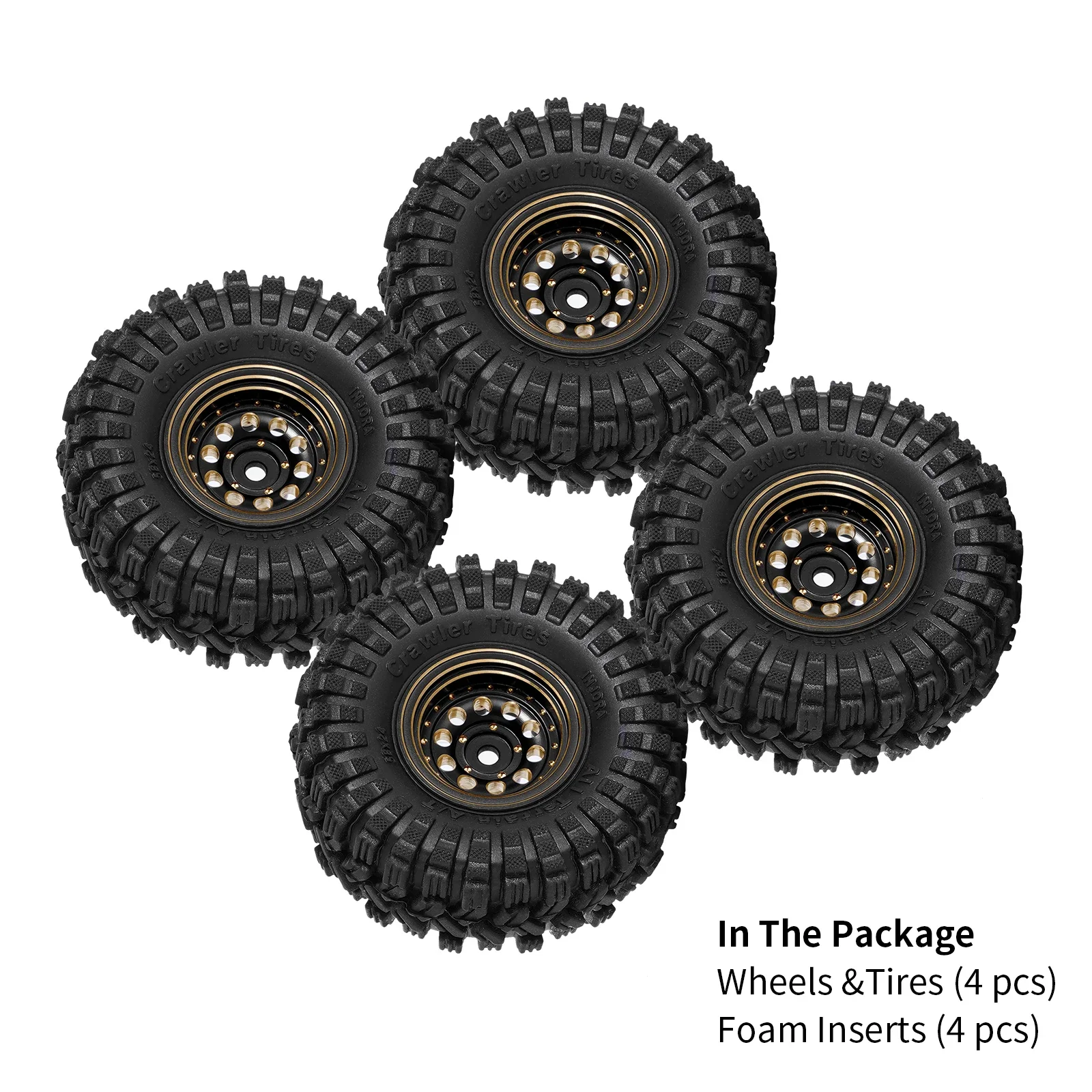 INJORA 블랙 코팅 황동 1.0 비드록 휠 타이어 세트 1/24 1/18 RC 크롤러 자동차 축 SCX24 AX24 TRX4M FCX24