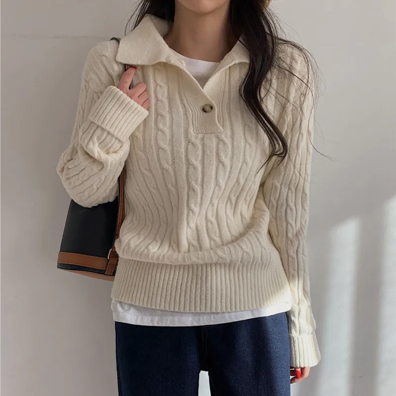Autumn and Winter Fashion New Women's Polo Button Women's Long Sleeve Sweater Casual Elegance Women's Office Top Knitwear