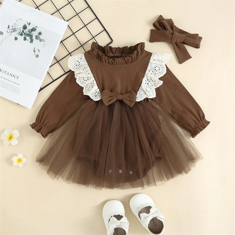 Children Baby Girl Romper Dress Outfits 2Pcs Lovely Newborn Clothes Set Long Sleeve Mesh Ruffles